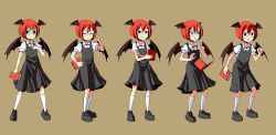 Rule 34 | 1girl, :o, alternate hair length, alternate hairstyle, bat wings, black dress, book, clenched hand, commentary, dress, dropping, english commentary, expressions, frown, full body, glasses, head wings, koakuma, multiple views, puffy short sleeves, puffy sleeves, red eyes, red hair, short hair, short sleeves, sixten, smile, socks, surprised, thighhighs, touhou, v-shaped eyebrows, wings