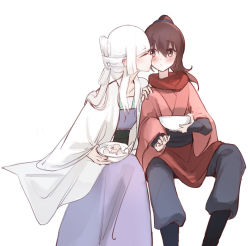 Rule 34 | 2girls, bai yuxiu, blush, bowl, chinese clothes, closed eyes, feng ling&#039;er, feng ling yu xiu, food, hand on another&#039;s shoulder, hanfu, kissing cheek, multiple girls, scarf, simple background, sitting, white background, white hair, wide sleeves, yuri