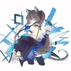 Rule 34 | 1girl, :o, alternate animal ears, alternate tail, amiya (arknights), animal ears, arknights, armlet, ascot, bare shoulders, black coat, black thighhighs, blue ascot, blue eyes, blue skirt, brown hair, chain, chinese commentary, clothes writing, coat, commentary request, cropped legs, dress, from behind, gold chain, highres, infection monitor (arknights), jewelry, kaleka, long sleeves, looking at viewer, looking back, multiple rings, neck garter, off shoulder, open clothes, open coat, open mouth, ponytail, ring, short dress, sidelocks, skirt, solo, tail, thighhighs, v-shaped eyebrows, white background, wolf ears, wolf girl, wolf tail