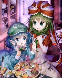 Rule 34 | 2girls, apron, bad food, blue eyes, blue hair, bow, chocolate, commentary request, cookie, cucumber, cup, cupboard, cutting board, dango, dress, empty eyes, fish, food, front ponytail, fruit, green eyes, green hair, hair bobbles, hair bow, hair ornament, burger, hat, head grab, highres, jack-o&#039;-lantern, kagiyama hina, kawashiro nitori, knife, ladle, long sleeves, mandarin orange, multiple girls, nabe, noodles, octopus, open mouth, planted knife, planted, plate, puffy short sleeves, puffy sleeves, red dress, ruu (tksymkw), shirt, short sleeves, skirt, smile, strawberry, teacup, teapot, touhou, twintails, two side up, wagashi, weapon