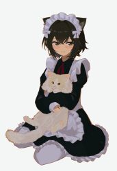 Rule 34 | 1girl, absurdres, animal, animal ears, animal on lap, apron, black dress, black hair, blush, brown eyes, cat, cat ears, cat girl, cat on lap, closed mouth, commentary request, dress, full body, highres, holding, holding animal, holding cat, kgt (pixiv12957613), long sleeves, looking at viewer, maid, maid apron, maid headdress, medium hair, neck ribbon, on lap, original, pantyhose, red ribbon, ribbon, simple background, sitting, smile, solo, white apron, white background, white headdress, white pantyhose, yellow cat