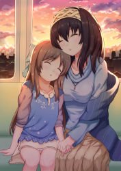 Rule 34 | 2girls, aiban, black hair, breasts, brown hair, closed eyes, cloud, commentary request, evening, hairband, head tilt, highres, holding hands, idolmaster, idolmaster cinderella girls, large breasts, leaning on person, leaning to the side, long hair, long sleeves, multiple girls, off-shoulder, off-shoulder sweater, off shoulder, orange sky, ribbed sweater, sagisawa fumika, shawl, side-by-side, sitting, sky, sleeping, sunlight, sunset, sweater, tachibana arisu, twilight, window