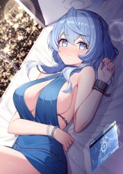 Rule 34 | 1girl, ako (blue archive), ako (dress) (blue archive), bed, bed sheet, blue archive, blue dress, blue eyes, blue hair, blush, breasts, closed mouth, cuffs, dress, fingernails, hair between eyes, handcuffs, highres, large breasts, long hair, looking at viewer, nail polish, official alternate costume, pillow, purple nails, sideboob, solo, t@ke-g
