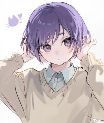Rule 34 | 1boy, alternate hair length, alternate hairstyle, blue lock, brown sweater, closed mouth, collared shirt, gurikur1, heart, highres, long sleeves, looking at viewer, male focus, mikage reo, parted lips, purple eyes, purple hair, shirt, short hair, simple background, solo, sweater, upper body, white background