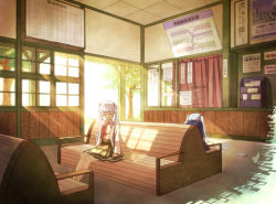 Rule 34 | 2girls, bench, blue hair, blue shirt, blue skirt, closed eyes, closed mouth, commentary request, curtains, day, facing away, fujino iro, glitch, green skirt, hatsune miku, indoors, long hair, long sleeves, multiple girls, paper, pink shirt, shirt, sign, sitting, skirt, smile, sunlight, train station, tree, twintails, vocaloid, window