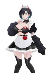 Rule 34 | 1girl, apron, azur lane, black bra, black collar, black hair, black skirt, black thighhighs, bra, breasts, cleavage, collar, cross, cross earrings, detached collar, earrings, enico, hair between eyes, highres, horns, jewelry, large breasts, looking at viewer, maid headdress, mechanical horns, miniskirt, o-ring, o-ring top, official alternate costume, puffy sleeves, red horns, short hair, simple background, skirt, solo, standing, thighhighs, ulrich von hutten (azur lane), ulrich von hutten (mayhem maid) (azur lane), underwear, waist apron, white apron, white background, yellow eyes