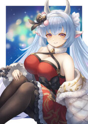 Rule 34 | 1girl, blue hair, breasts, brown eyes, catura (granblue fantasy), catura (holiday) (granblue fantasy), cleavage, draph, dress, fingernails, granblue fantasy, hairband, highres, horns, large breasts, long hair, looking at viewer, pantyhose, pointy ears, red dress, sitting, smile, twintails, yuiko (yuiyuiko 108)