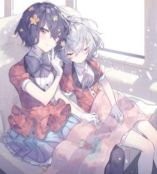 Rule 34 | 2girls, absurdres, black hair, black ribbon, blue skirt, blush, bow, breasts, brown flower, closed mouth, commentary, day, dress shirt, flower, gloves, grey bow, grey neckwear, hair between eyes, hair flower, hair ornament, hair ribbon, head tilt, highres, holding hands, interior, interlocked fingers, jacket, konno junko, looking at viewer, maratang, medium breasts, mizuno ai, multiple girls, plaid, plaid jacket, puffy short sleeves, puffy sleeves, red eyes, red jacket, ribbon, shirt, short hair, short sleeves, side-by-side, signature, silver hair, skirt, smile, sunlight, symbol-only commentary, white gloves, white shirt, window, zombie land saga