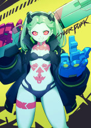 Rule 34 | 1girl, artificial eye, blue bra, blue jacket, blue panties, bra, breasts, chingisu, collarbone, colored sclera, colored skin, commentary request, cyberpunk (series), cyberpunk edgerunners, cyborg, feet out of frame, fewer digits, green hair, grin, highres, holding, holding weapon, huge weapon, jacket, leg tattoo, looking at viewer, mechanical eye, mechanical hands, medium hair, middle finger, navel, neck tattoo, open clothes, open jacket, oversized forearms, oversized limbs, panties, petite, rebecca (cyberpunk), red pupils, red sclera, revealing clothes, samurai jacket (cyberpunk), shiny skin, simple background, skindentation, small breasts, smile, stomach tattoo, tattoo, thong, trigger discipline, twintails, underwear, upper body, weapon, white skin, wide hips, yellow eyes