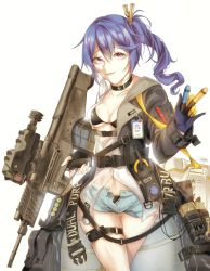 Rule 34 | 1girl, 20mm grenade, 20x30mm grenade, 20x30mm lv heab k167, 20x30mm lv p k168, airburst grenade launcher, airburst round, ammunition, anti-materiel cartridge, assault rifle, bad id, bad pixiv id, black bra, black choker, black collar, black jacket, black panties, blouse, blue gloves, blue hair, blue shorts, bolt-action grenade launcher, bolt action, bra, breasts, bullpup, burst fire gun, burst fire rifle, cannon cartridge, carbine, choker, cleavage, clothes pull, collar, computerized scope, daewoo k11, dummy round, explosive, feet out of frame, fragmentation grenade, fragmentation warhead, girls&#039; frontline, gloves, grenade, grenade cartridge, grenade launcher, gun, hair ornament, hairclip, high-explosive airburst round, high-explosive cartridge, holding, holding weapon, jacket, jacket pull, k11 (girls&#039; frontline), large-caliber cartridge, long hair, looking at viewer, military cartridge, multi-weapon, open clothes, open mouth, open pants, open shirt, panties, pants, parang, precision-guided firearm, precision-guided munition, purple eyes, rifle, scope, see-through, shirt, short-barreled rifle, shorts, sight (weapon), small breasts, smart grenade, smart scope, solo, standing, subsonic ammunition, telescopic sight, thermal weapon sight, translucent, underbarrel assault rifle, underbarrel rifle, underwear, weapon, white background, white shirt