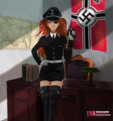 Rule 34 | 1girl, absurdres, desk lamp, eyepatch, gloves, gun, hand on own hip, handgun, highres, holding, holding gun, holding weapon, jing silang, lamp, luger p08, map, nazi, nazi flag, neon genesis evangelion, red hair, solo, souryuu asuka langley, swastika, thighhighs, thighs, two side up, weapon, white gloves, world war ii
