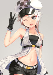 Rule 34 | 1girl, ;d, akishimo (kancolle), arknights, armband, armpits, asymmetrical bangs, asymmetrical hair, bandeau, bare shoulders, belt, black bandeau, black gloves, black shorts, breasts, brown hair, cabbie hat, checkered clothes, checkered headwear, cliffheart (arknights), cliffheart (arknights) (cosplay), cloud, collarbone, commentary request, cosplay, cowboy shot, gloves, gradient hair, grey background, grey eyes, groin, hand up, hat, highres, kantai collection, looking at viewer, midriff, multicolored hair, navel, one eye closed, open mouth, short hair, short hair with long locks, short shorts, shorts, sidelocks, silver hair, simple background, sleeveless duster, small breasts, smile, solo, standing, strapless, tube top, underbust, white belt, white hat, yasume yukito