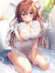 Rule 34 | 1girl, bare legs, bare shoulders, bath, blurry, blurry background, blush, bra, bra visible through clothes, breasts, brown hair, cleavage, commentary request, green eyes, hair between eyes, hair ornament, highres, large breasts, long hair, looking at viewer, original, parted lips, pink bra, sasai saji, see-through, shirt, short sleeves, signature, sitting, soap bubbles, solo, sponge, two side up, underwear, wet, wet clothes, wet shirt, white shirt, x hair ornament