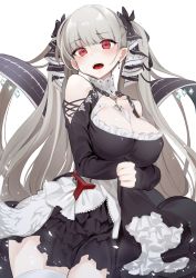 Rule 34 | 1girl, absurdres, arm across waist, azur lane, bare shoulders, between breasts, black dress, blush, breasts, cleavage, cowboy shot, dress, earrings, flight deck, formidable (azur lane), frilled dress, frills, grey hair, hair ornament, hair ribbon, highres, jewelry, large breasts, long hair, long sleeves, looking at viewer, open mouth, poriuretan, red eyes, ribbon, rigging, simple background, solo, thighhighs, twintails, white background, white thighhighs