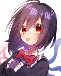 Rule 34 | &gt;:p, 1girl, :p, ahoge, asymmetrical wings, black dress, black hair, bow, bowtie, dress, frills, hair between eyes, houjuu nue, looking at viewer, portrait, red bow, red bowtie, red eyes, renka (sutegoma25), short hair, simple background, solo, tongue, tongue out, touhou, v-shaped eyebrows, white background, wings
