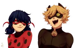 Rule 34 | 1boy, 1girl, adrien agreste, animal ears, bell, black hair, blonde hair, blue eyes, bodysuit, cat ears, ceejles, chat noir, colored sclera, domino mask, eyes visible through hair, fake animal ears, green sclera, hair ribbon, half-closed eyes, highres, jingle bell, ladybug (character), marinette dupain-cheng, mask, miraculous ladybug, open mouth, polka dot, ribbon, signature, smile, twintails, yellow eyes