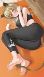Rule 34 | 1girl, absurdres, animal ears, arknights, ass, bare shoulders, barefoot, black pants, black sports bra, blonde hair, blush, breasts, commentary, hair between eyes, hands up, heavy breathing, highres, lion ears, lion tail, long hair, looking at viewer, lying, nanam (nanam sk), no shoes, on floor, on side, pants, parted lips, siege (arknights), soles, solo, sports bra, sweat, tail, yoga mat, yoga pants