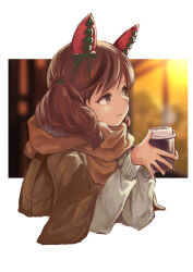 Rule 34 | 1girl, animal ears, brown coat, brown hair, coat, coat on shoulders, coffee cup, cropped torso, cup, disposable cup, ear covers, grey eyes, grey sweater, hands up, highres, holding, holding cup, horse ears, long sleeves, looking afar, medium hair, multicolored hair, nice nature (umamusume), parted lips, satomura kyou, scarf, solo, streaked hair, sweater, twintails, umamusume, upper body