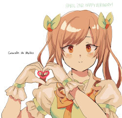 Rule 34 | 1girl, breasts, brown eyes, brown hair, character name, commentary request, gloves, happy birthday, heart, heart hands, highres, kojima terashi, lovely melon, ponkotsu hero eileen, puffy short sleeves, puffy sleeves, short sleeves, small breasts, smile, solo, spanish text, translated, twintails, upper body, white gloves