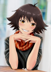 Rule 34 | 1girl, blush, brown eyes, brown hair, elbows on table, highres, indoors, interlocked fingers, looking at viewer, nonaka haru, own hands together, red scarf, scarf, short hair, sitting, smile, solo, upper body, yesterday wo utatte, zendrawr