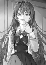 Rule 34 | 1girl, absurdres, blazer, bow, bowtie, collared shirt, commentary request, evil grin, evil smile, greyscale, grin, hand to own mouth, highres, jacket, looking at viewer, momoko (momopoco), monochrome, novel illustration, official art, open mouth, pleated skirt, school uniform, second-party source, shirt, skirt, smile, solo, suou yuki, teeth, tokidoki bosotto roshia-go de dereru tonari no arya-san, upper teeth only, vest, wing collar