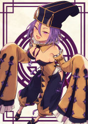 Rule 34 | 1girl, :d, absurdres, baggy pants, black footwear, black headwear, black pants, black shirt, detached collar, detached sleeves, fang, fate/grand order, fate (series), full body, hair between eyes, high collar, highres, hip vent, lattice, loafers, looking at viewer, no pupils, open mouth, pants, pelvic curtain, purple eyes, purple hair, shirt, shoes, short hair, skin fang, skirt, sleeves past fingers, sleeves past wrists, smile, solo, strapless, strapless shirt, tassel, white background, wide sleeves, wu zetian (fate), wu zetian (swimsuit caster) (fate), wu zetian (swimsuit caster) (second ascension) (fate), yellow skirt, yoi (207342)