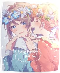 Rule 34 | 2girls, ahoge, blue dress, blue eyes, blue flower, blush, border, braid, commentary request, crying, crying with eyes open, dress, english text, closed eyes, flower, grey hair, hair flower, hair ornament, hair ribbon, hand on another&#039;s shoulder, happy birthday, highres, jewelry, leaf, light particles, long sleeves, love live!, love live! sunshine!!, makura (makura0128), multiple girls, necklace, open mouth, orange flower, orange hair, red dress, ribbon, short hair, smile, takami chika, tears, teeth, upper body, upper teeth only, watanabe you, white flower, white ribbon, yellow flower