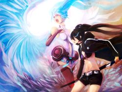 Rule 34 | 10s, 2girls, belt, bikini, bikini top only, black hair, black rock shooter, black rock shooter (character), blue eyes, blue hair, bridal gauntlets, glowing, glowing eyes, hatsune miku, hatsune miku (append), hood, hoodie, midriff, multiple girls, navel, nephy, open mouth, red legwear, scar, short shorts, shorts, star (symbol), swimsuit, sword, thighhighs, twintails, vocaloid, vocaloid append, weapon, wings