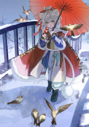 1boy animal_ear_fluff animal_ears ankle_boots bird black_boots blue_pants blue_shirt boots bridge chinese_clothes coat cyotsy drawstring_bag flock food fur-trimmed_boots fur-trimmed_coat fur_trim grey_hair hanfu high_ponytail highres holding holding_food holding_umbrella honkai:_star_rail honkai_(series) hood hooded_coat jing_yuan layered_sleeves lion_ears lion_tail long_hair long_sleeves male_focus oil-paper_umbrella open_mouth outdoors pants ponytail red_ribbon ribbon shirt snow solo tail tanghulu umbrella walking white_hanfu winter yellow_eyes