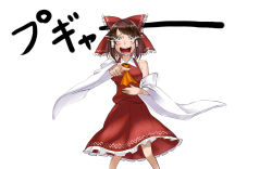 Rule 34 | 1girl, ascot, blush, bow, breasts, brown eyes, brown hair, constricted pupils, detached sleeves, dress, female focus, hair bow, hair ornament, hair tubes, hakurei reimu, highres, karlwolf, laughing, looking at viewer, open mouth, pointing, pointing at viewer, short hair, solo, tears, touhou, white background