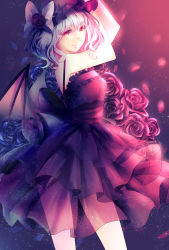 Rule 34 | 1girl, alternate costume, bare arms, dress, flower, gradient background, hat, hat ribbon, layered dress, light particles, ling (vivianling), looking at viewer, mob cap, obi, petals, red eyes, remilia scarlet, ribbon, rose, rose petals, sash, see-through, short hair, sleeveless, smile, solo, touhou