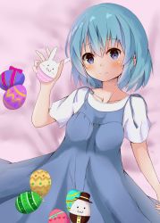 Rule 34 | 1girl, :3, absurdres, bed sheet, black hat, blue dress, blue eyes, blue hair, blush, breasts, chemise, cirno, collarbone, commentary request, cowboy shot, dress, easter, easter egg, egg, hair between eyes, hand up, hat, highres, holding, looking at viewer, lying, mihana, mini hat, mini top hat, on back, pink ribbon, ribbon, shirt, short hair, short sleeves, sidelocks, small breasts, smile, solo, spaghetti strap, top hat, touhou, white shirt
