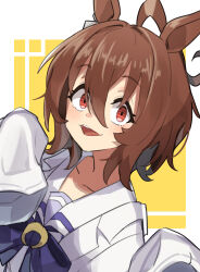 Rule 34 | 1girl, agnes tachyon (umamusume), ahoge, animal ears, blush, brown hair, coat, gazacy (dai), hair between eyes, highres, horse ears, horse girl, lab coat, long sleeves, looking at viewer, open mouth, red eyes, sailor collar, school uniform, short hair, simple background, sleeves past fingers, sleeves past wrists, solo, tracen school uniform, two-tone background, umamusume, upper body, white sailor collar