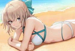 Rule 34 | 1girl, aqua bow, ass, beach, bikini, bow, breasts, cleavage, day, fate (series), freestyle18, hair bow, light brown hair, looking at viewer, lying, medium breasts, medium hair, okita j. souji (fate), okita j. souji (third ascension) (fate), okita souji (fate), okita souji (koha-ace), on stomach, outdoors, smile, solo, swimsuit, wet, white bikini