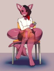Rule 34 | 1girl, absurdres, animal ears, barefoot, brown hair, brown skirt, chair, closed mouth, collared shirt, colored skin, commission, crossed legs, dildo, dress shirt, full body, furry, furry female, highres, holding, holding phone, long hair, long sleeves, object insertion, original, pencil skirt, phone, red eyes, red hair, red skin, sex toy, shirt, sitting, skirt, solo, suelix, tail, white shirt