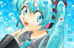 Rule 34 | 1990s (style), 1girl, blue necktie, clip studio paint (medium), collared shirt, desktop, grey shirt, hatsune miku, highres, looking to the side, musical note, necktie, pointing, pointing at self, portrait, retro artstyle, shirt, sleeveless, sleeveless shirt, sleeves past wrists, solo, sparkle, staff (music), twintails, vocaloid, yue (yung n dum )