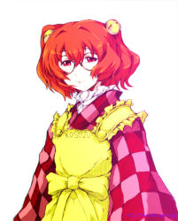 Rule 34 | 1girl, akenoin soumon, apron, bell, checkered clothes, checkered kimono, clothes writing, female focus, glasses, hair bell, hair ornament, japanese clothes, kimono, long sleeves, looking at viewer, motoori kosuzu, red eyes, red hair, short hair, short twintails, simple background, smile, solo, touhou, twintails, two side up, white background, wide sleeves