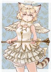 Rule 34 | 1girl, absurdres, angel, angel, angel wings, animal ears, animal print, bare shoulders, blonde hair, blush, bow, bowtie, brown hair, cat ears, cat girl, cat print, cat tail, commentary request, cowboy shot, extra ears, fake halo, frilled skirt, frills, gold trim, green eyes, halo, highres, kemono friends, kemono friends 3, looking at viewer, multicolored hair, official alternate costume, print bow, print bowtie, print neckwear, sand cat (kemono friends), shirt, short hair, skirt, sleeveless, solo, tail, thigh strap, toriny, wand, white shirt, white skirt, wings