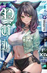 Rule 34 | 1girl, absurdres, animal ears, barcode, black gloves, breasts, brown hair, cat ears, cat girl, commission, crop top, cropped jacket, eyelashes, final fantasy, final fantasy xiv, gloves, green eyes, green jacket, highres, jacket, jewelry, large breasts, midriff, miqo&#039;te, multicolored background, multicolored hair, navel, necklace, nekodayo22, parted lips, pink hair, see-through, see-through shorts, shirt, short shorts, shorts, slit pupils, solo, stomach, streaked hair, taut clothes, taut shirt, thighhighs, tree, white shirt