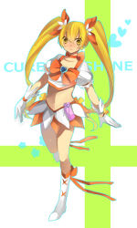 Rule 34 | 10s, 1girl, blonde hair, boots, bow, brooch, character name, cure sunshine, gloves, hair ribbon, heart, heart brooch, heartcatch precure!, kamihara (raum), knee boots, long hair, magical girl, midriff, myoudouin itsuki, navel, orange bow, orange skirt, precure, ribbon, skirt, solo, standing, standing on one leg, twintails, yellow eyes