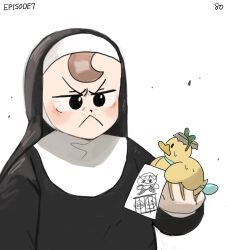 Rule 34 | 1girl, :&lt;, bag, bird, bird on hand, bottle cap, brown hair, child&#039;s drawing, diva (hyxpk), duck, duckling, frog headband, froggy nun (diva), habit, highres, holding, holding paper, numbered, nun, original, paper, simple background, traditional nun, white background