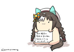 Rule 34 | 1girl, absurdres, animal ears, beret, black hair, bow, braid, closed mouth, goma (gomasamune), hair bobbles, hair bow, hair ornament, hat, highres, hokko tarumae (umamusume), horse ears, horse girl, horse tail, multicolored hair, shadow, simple background, sitting, solid circle eyes, solo, star (symbol), star hair ornament, streaked hair, striped, striped bow, tail, translation request, twin braids, twintails, twitter username, umamusume, white background, white hair, white hat