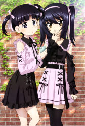 Rule 34 | 2girls, :o, absurdres, arm at side, belt, black eyes, black hair, black shirt, black skirt, blunt bangs, brick wall, brown hair, cellphone, collarbone, frilled shirt, frilled skirt, frills, girls und panzer, hair ornament, hair ribbon, hairband, hand to own mouth, highres, holding, holding phone, lolita fashion, long hair, looking at viewer, megami magazine, multiple girls, official art, open mouth, phone, pleated skirt, purple shirt, purple skirt, reizei mako, ribbon, scan, shirt, short hair, skirt, smartphone, sono midoriko, standing, thighhighs, thighs, twintails, zettai ryouiki
