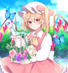 Rule 34 | + +, 1girl, absurdres, aqua bow, ascot, back bow, blonde hair, blouse, blurry, blurry background, blush, bow, bug, butterfly, cage, commentary request, crystal, day, dress, expressionless, flandre scarlet, flower, hair between eyes, hat, highres, holding, holding cage, insect, long sleeves, looking at viewer, mob cap, one side up, outdoors, parted lips, pink bow, pink dress, pink flower, pink rose, purple flower, purple rose, red eyes, rose, shirt, short hair, sitting, sky, solo, star-shaped pupils, star (symbol), symbol-shaped pupils, touhou, upper body, white bow, white flower, white hat, white rose, white shirt, wings, yellow ascot, yurui tuhu