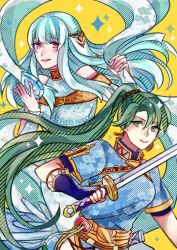 Rule 34 | 2girls, bare shoulders, blue hair, cape, dress, earrings, faithoala, fingerless gloves, fire emblem, fire emblem: the blazing blade, fire emblem heroes, gloves, green eyes, green hair, hair ornament, high ponytail, jewelry, long hair, looking at viewer, lyn (fire emblem), multiple girls, ninian, nintendo, ponytail, red eyes, smile, very long hair, weapon