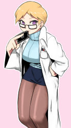 Rule 34 | 1girl, bad id, bad pixiv id, battle spirits, battle spirits: brave, black card, blonde hair, breasts, brown pantyhose, card, card in mouth, glasses, hand on own hip, hip focus, holding, holding card, lab coat, large breasts, lipstick, looking at viewer, makeup, mature female, microskirt, miniskirt, mouth hold, naughty face, open clothes, orange hair, pantyhose, pen, pencil skirt, purple eyes, short hair, simple background, skirt, smile, solo, stella (battle spirits brave), stella korabelishchikov, sweater, tsukudani (coke-buta), turtleneck