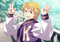 Rule 34 | 10s, 1boy, blonde hair, blue eyes, child, imasan, jacket, keith goodman, letterman jacket, looking at viewer, male focus, purple jacket, short hair, solo, tiger &amp; bunny, aged down