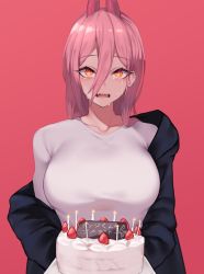 Rule 34 | + +, 1girl, birthday, birthday cake, breasts, cake, candle, chainsaw man, commentary, cross-shaped pupils, crying, demon girl, demon horns, food, fruit, glowing, glowing eyes, hair between eyes, horns, kuavera, large breasts, looking at viewer, orange eyes, pink background, pink hair, power (chainsaw man), red horns, solo, strawberry, strawberry shortcake, symbol-shaped pupils