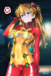 Rule 34 | 1girl, :&lt;, absurdres, artist request, blue eyes, blush, bodysuit, breasts, brown hair, covered navel, cowboy shot, evangelion: 2.0 you can (not) advance, hair between eyes, hand in own hair, highres, impossible bodysuit, impossible clothes, interface headset, long hair, looking at viewer, medium breasts, neon genesis evangelion, plugsuit, rebuild of evangelion, red bodysuit, see-through, see-through bodysuit, shiny clothes, simple background, skin tight, solo, souryuu asuka langley, standing, sweat, test plugsuit, tsundere, two side up, very long hair, wide hips