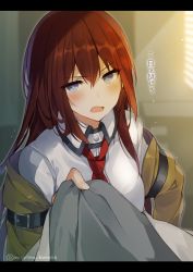 Rule 34 | 1girl, annoyed, armlet, artist name, belt, blue eyes, blush, brown jacket, collared shirt, dust, holding, indoors, jacket, lab coat, letterboxed, long hair, looking at viewer, makise kurisu, mishima kurone, necktie, off shoulder, open mouth, pov, red hair, red necktie, shirt, solo, steins;gate, sunlight, translation request, upper body, white shirt, window
